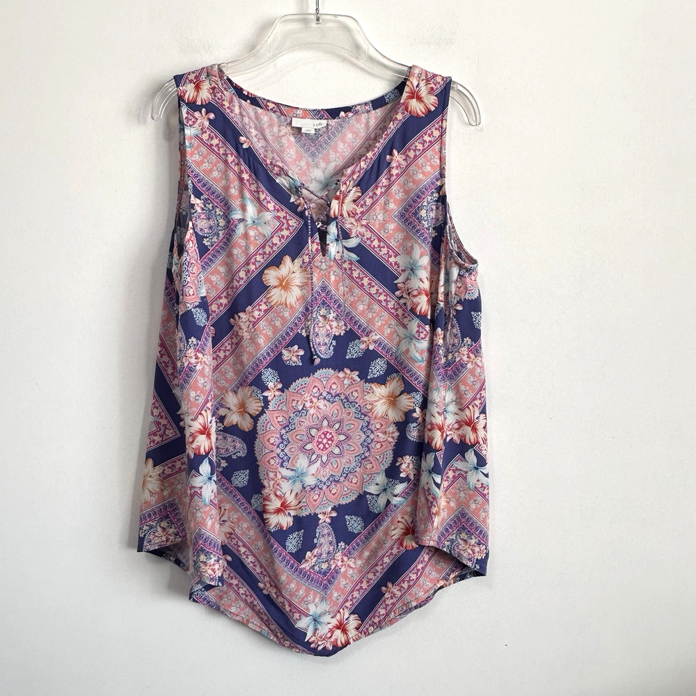 J Jill Scarf Print Tank M Petite Hibiscus Floral Lace Up Neck Lightweight Summer